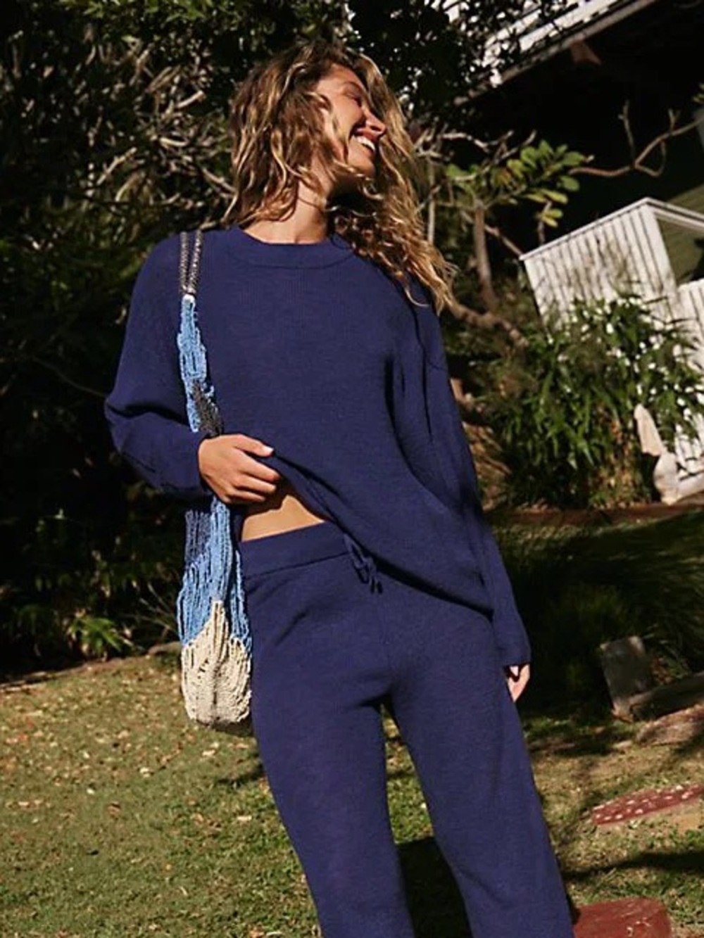 Free People Beach Oversized Knit Crewneck Longline Sweater Indigo Blue Small
